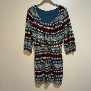 City Triangles Blue Orange Boho Blouson Mini Dress Retro Sheer 3/4 Sleeves